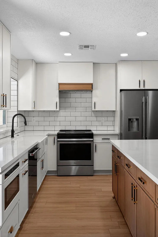 Scottsdale kitchen remodel with slim white shaker cabinets and warm wood island
